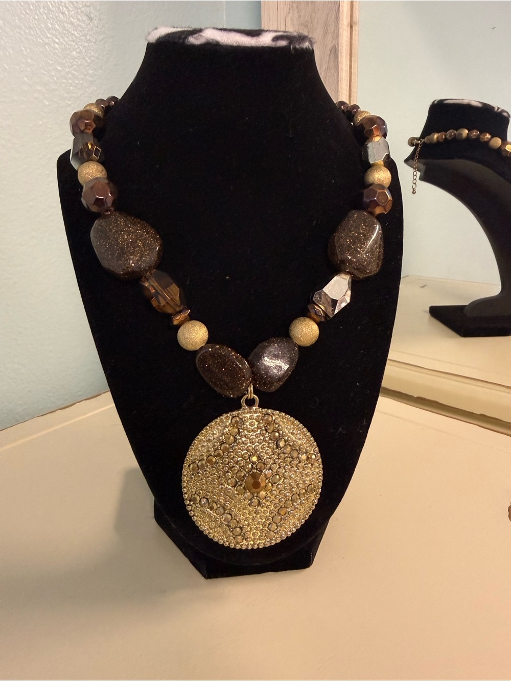 Chunky Boho Statement Necklace Brown Gold Beads Rhinestone Medallion and Stones